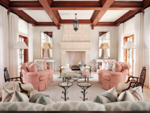 Palm Beach design and architecture. Living room with light pink tones, natural colors and metal accents.